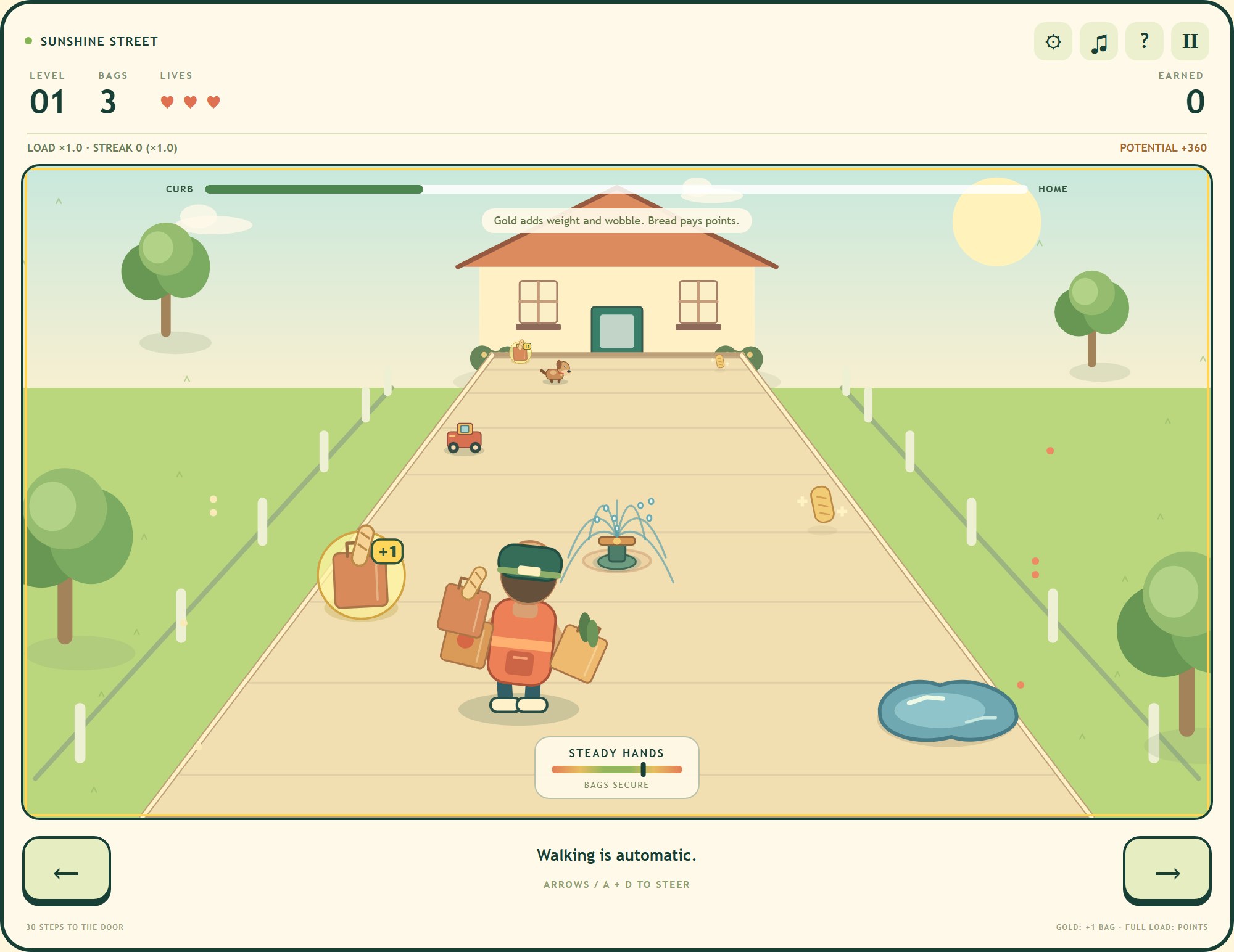 Gameplay on Sunshine Street with a gold bag, a sprinkler and the dog