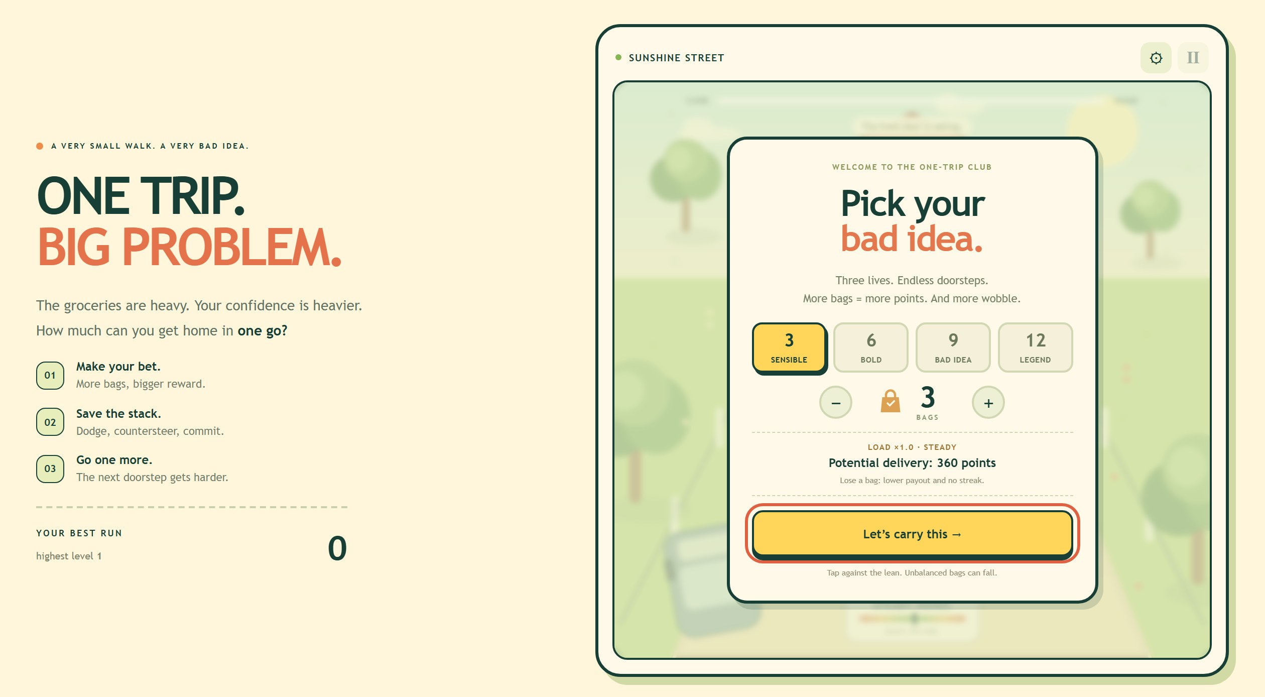 One More Bag start screen with the bag count picker